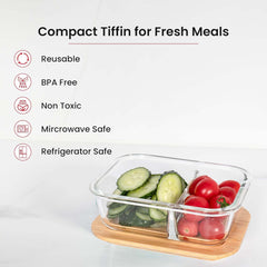 Kuber Industries 580ml Borosilicate Galss Kitchen Containers Set with 2 Compartments & Bamboo Lid | Multipurpose Dal, Snacks & Vegetable Storage Box for Fridge Organizers | Transparent