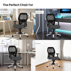 Kuber Industries Ergonomic Office Chairs for Work From Home with Meshback | Comes with Manual Height Adjustable Armrest & 2D Lumbar Support | Comfy Chair for Students with Wheels | Black & Grey Seat