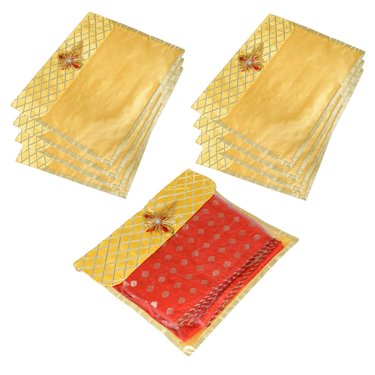 Heart Home Saree Cover | Clothes Storage Bag | Single Packing Saree with Velcro | Wardrobe Organizer | Cloth Stoarge Organizer | Check Jama Brooch-Design | Pack of 9 | Yellow