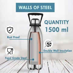 Kuber Industries 1500 ml Flask LeakProof Hot & Cold Stainless Steel Water Bottle with Handle | Shatterproof Insulated Thermos Water Bottle for Adults,Office & Home | Silver