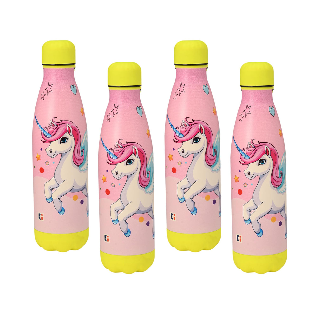 Kuber Industries 500 ml Water Bottle with 2 Lids | Unicorn Rainbow | Stainless Steel Bottle for Travel-Gym & Sports | BPA-Free Insulated Sipper Bottle for Adults & Kids with Straw | Pink | Pack of 4