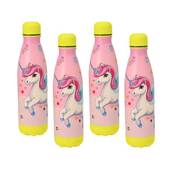 Kuber Industries 500 ml Water Bottle with 2 Lids | Unicorn Rainbow | Stainless Steel Bottle for Travel-Gym & Sports | BPA-Free Insulated Sipper Bottle for Adults & Kids with Straw | Pink | Pack of 4