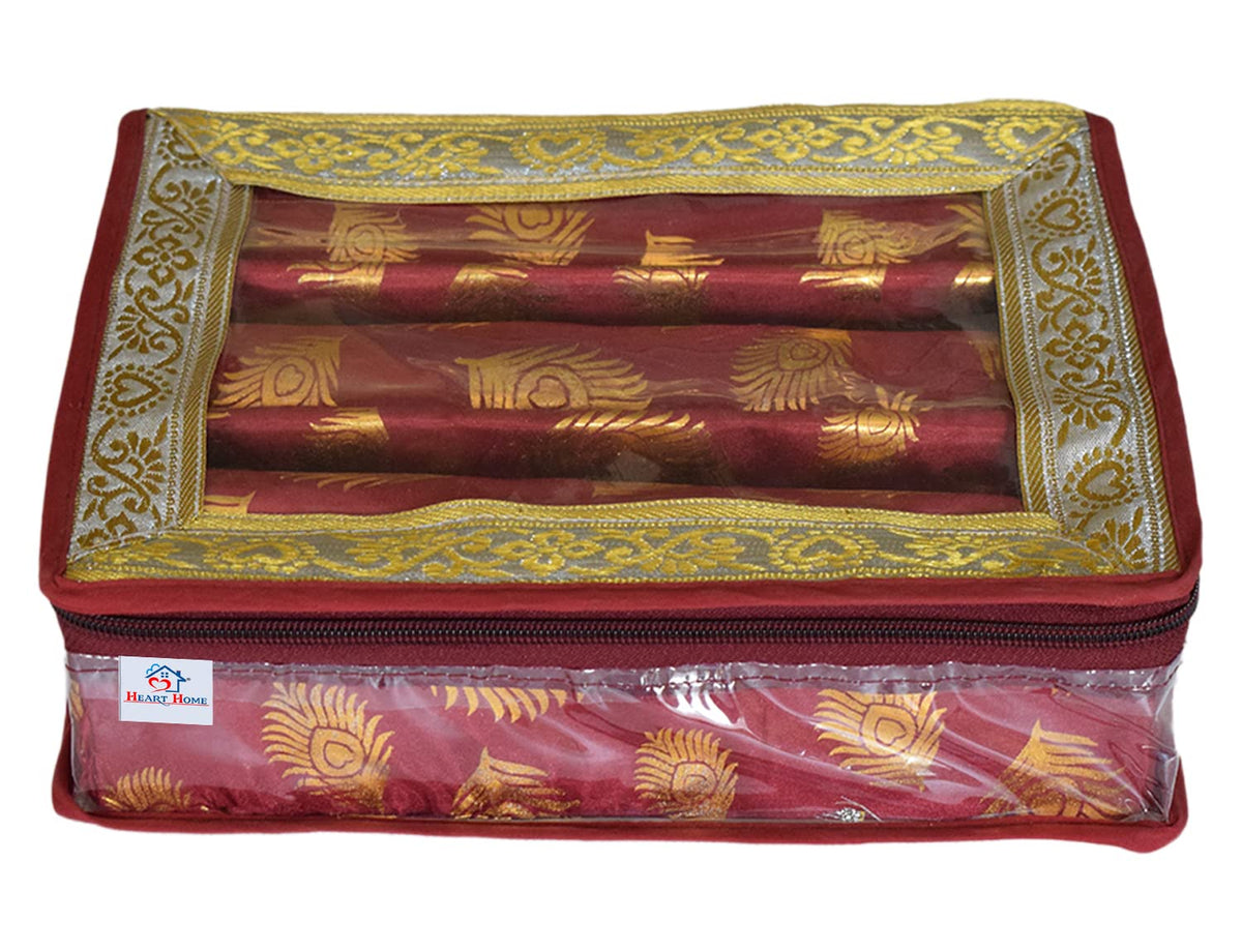 Heart Home Multipurpose Feather Design Laminated 3 Rod Bangle Box/Organizer/Case With Tranasparent Top (Maroon)-47HH0201