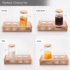 Heart Home Glass Jug Set with Bamboo Tray and 4 Water Glasses | Glass Jug with Bamboo Lid - 950ml | 4 Water Glass - 330ml Each |Designer Jugs & Cups Set | Ideal Housewarming Gift