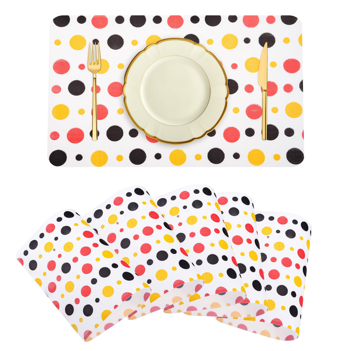 Heart Home Placemat | Placemats for Dining Room | Anti-Slip Table Mat Set | Placemats for Kitchen Table | Dining Table Placemats | Multi Dot Placemat | 6 Piece Set | White