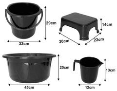 Kuber Industries 4 Pieces Plastic Bucket, Stool, Mug & Tub Set (Black)