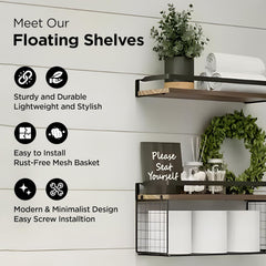 Kuber Industries Floating Shelves (2pcs) with One Wire Storage Basket | Wooden Floating Wall Shelf| Wall Mount| Wall Rack| Wall Bracket for Home and Office Decor | Big Mounted Cabinets | BW0388