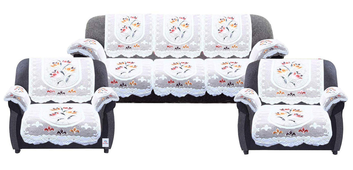 Heart Home Flower Design Cotton 5 Seater Sofa Cover Set with 6 Pieces Arms Cover (Set of 16, Cream)-HEART11986,Standard