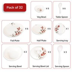 Kuber Industries 32 Pieces Round Melamine Microwave & Dishwasher Safe Dinnerware Kitchen Crockery Set | Glossy Dinner Sets & Kitchen Set for Home | Deluxe Red Gray Leaf - White