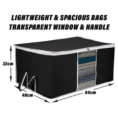 Heart Home Underbed Storage Bag | Clothes Storage Organizer | Blanket Cover with Clear Window | Zipper Closure & Handle Cloth Organizer | Plain White Border | Large | Pack of 6 | Black