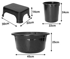 Heart Home 3 Pieces Plastic Tub, Dustbin & Stool Set (Black)