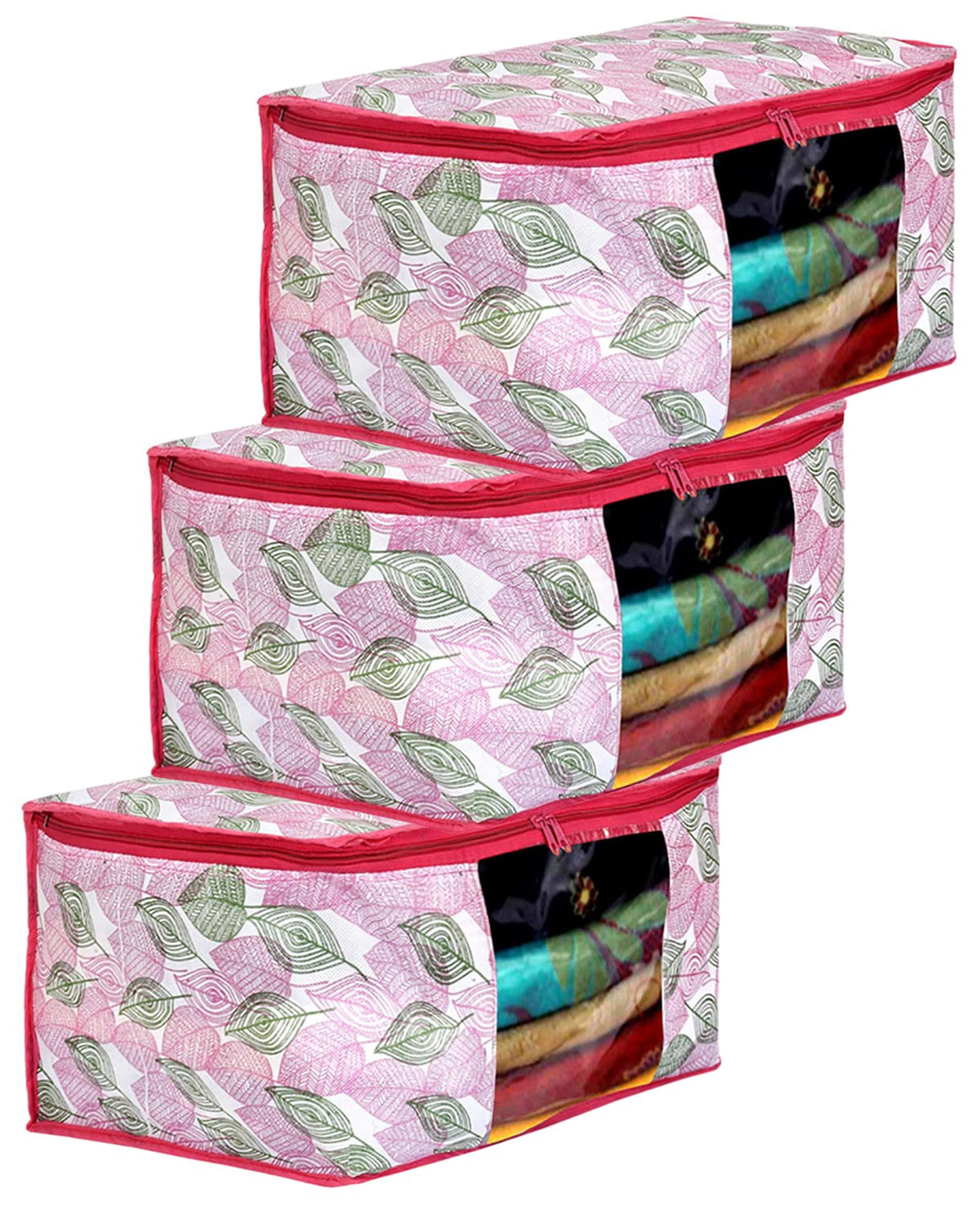 Kuber Industries Non-Woven Leaf Print Saree Covers With Zip|Foldable Wardrobe Organizer For Clothes|Saree Bags Keep 8 To 10 Saree|Suitable For Lehenga, Suit, Dress|Pack Of 3 (Multi)