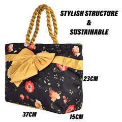 Heart Home Hand Purse | Polyester Hand Bag | Woman Shoulder Bag | Top Handle Handbag | Gifting Hand Purse | Ladies Tote Purse | Bow Flower Printed Handbag | Blue