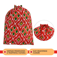 Heart Home Potli | Silk Wedding Potli | Drawstring Closure Potli | Wallet Potli | Christmas Gift Potli | Baby Shower Potli | Medium-Patola-Print Potli | 7x9 Inch | Pack of 4 | Red