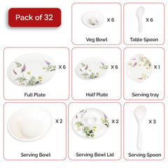 Heart Home 32 Pieces Round Melamine Microwave & Dishwasher Safe Dinnerware Kitchen Crockery Set | Glossy Dinner Sets & Kitchen Set for Home | Deluxe Lavender Floral - White