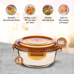 Kuber Industries Borosilicate Glass Container With PP Lid-Round|JDA026-AMB|Light Orange|580 ML|Pack Of 3