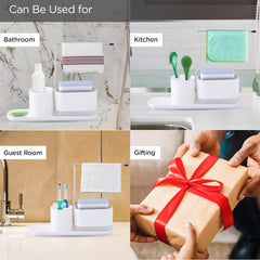 Urbane Home 3 in 1 Press Soap Dish for Bathroom & Kitchen Sink 550ml | Multifunctional Handwash Dispenser with Sponge Holder & Towel Rack |White | Kitchen Accessories Items.
