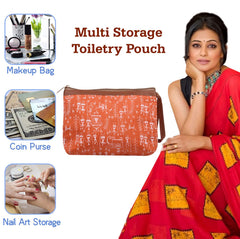 Heart Home Toiletry Pouch|Warli Print Travel Cosmetic Pouch|Canvas Waterproof Makeup Pouch with Handle|Pack of 2 (Orange)