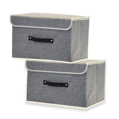 Kuber Industries Large Storage Box With Lid|Foldable Toys Storage Bin|Wardrobe Organizer For clothes|Front Handle & Sturdy Pack Of-2 (Grey)