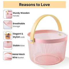Homestic Metal Mesh Basket for Storage with wooden handle | 400 Gm | Fruit Basket for Kitchen | Kitchen Organizer | Baskets for Organizing Home & Kitchen | Pink | Multipurpose