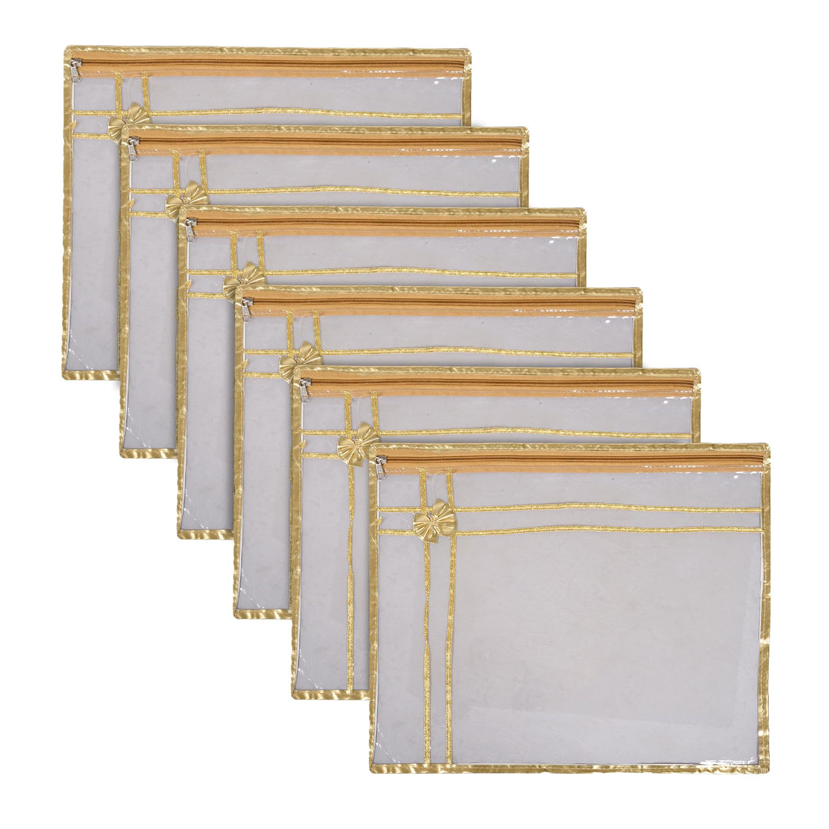 Heart Home Saree Cover | Clothes Storage Bag | Single Packing Saree with Zip Closure | Wardrobe Organizer | Cloth Stoarge Organizer | Bow Design with Golden Border | Pack of 6 | Transparent