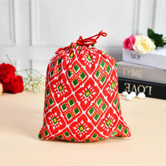 Heart Home Potli | Silk Wedding Potli | Drawstring Closure Potli | Wallet Potli | Christmas Gift Potli | Baby Shower Potli | Medium-Patola-Print Potli | 7x9 Inch | Pack of 4 | Red