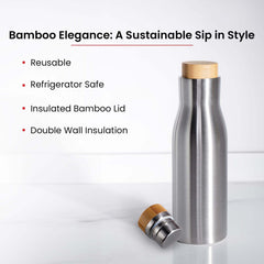 Kuber Industries 1500 ml Flask LeakProof Hot & Cold Stainless Steel Water Bottle with Bamboo Wooden Lid | Stain Resistent Insulated Thermos Water Bottle for Adults & Office | Silver