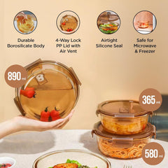 Kuber Industries Pack of 3 Borosilicate Glass Kitchen Containers Set with Airvent Pp Lid | Airtight Round Fridge Storage Boxes for Grains, Pulses, Spices, Snacks | 365ml 580ml 890ml | Light Orange