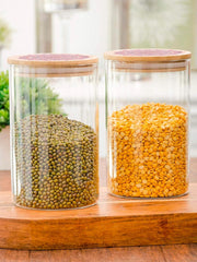 Urbane Home Borosilicate Glass Jar with Printed Bamboo Lid|Kitchen Organizer Items and Storage|Multi-utility, Leakproof, Airtight Storage Jar for Cookies,Snacks,Tea,Coffee,Sugar|Pack of 2(1000ml)