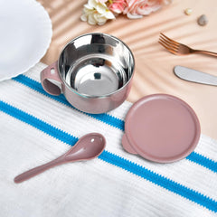 Heart Home Noodle & Soup Bowl Set | Steel Noodle Bowl with Spoon | Airtight Bowl for Pasta-Rice | Food Container | Office Bowl | Kitchen Bowl Set | 600 ML | Brown