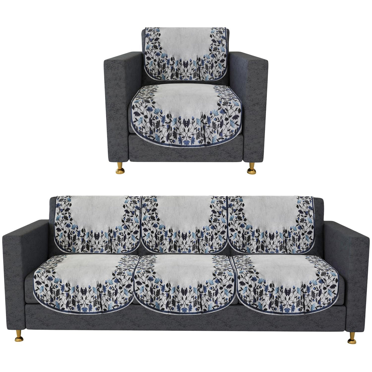 Heart Home Sofa Cover | 3+1 Seater Sofa Slip Cover Set | Blue Digital Leaf Sofa Cover | Velvet Couch Cover | Sofa Slipcover Set | Sofa Cover for Living Room | Gray