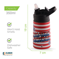 Kuber Industries 350 ml Insulated Water Bottle | Captain America Kids Water Bottle | Stainless Steel Kids Water Bottle | Water Bottle with Push-Button Flip Lid | Bottle For School | Red | Pack of 2