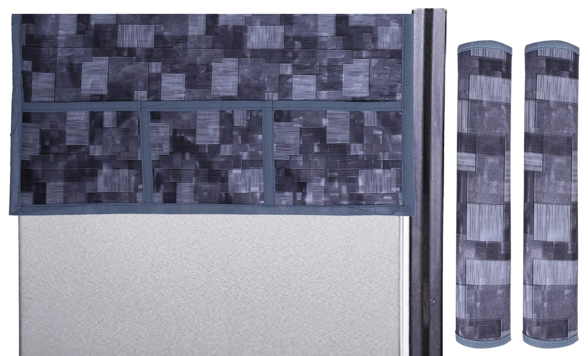 Kuber Industries 3D Checkered Design PVC 1 Piece Fridge Top Cover and 2 Piece Handle Cover (Grey) - CTKTC39709