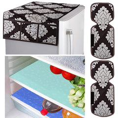 Kuber Industries Flower Design Combo PVC 3 Pieces Fridge Mats, 2 Piece Handle Cover and 1 Piece Fridge Top Cover(Brown)