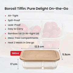 Kuber Industries 580ml Borosilicate Galss Kitchen Containers Set with 2 Compartments & Bamboo Lid | Multipurpose Dal, Snacks & Vegetable Storage Box for Fridge Organizers | Transparent