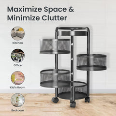 Kuber Industries 4-Layer Kitchen Trolley | 360° Rotating Storage Rack | Round Storage Rack with Wheels | Fruit and Vegetable Storage for Kitchen | Pack of 2 | (Black)