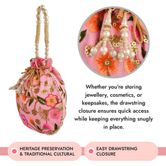 Kuber Industries Potli|Silk Wedding Potli|Christmas Gift Potli|Baby Shower Potli|Traditional Shagun Potli|Drawstring with Beads Handle Potli|New Flower Embroidery Potli|Pack of 3|Pink