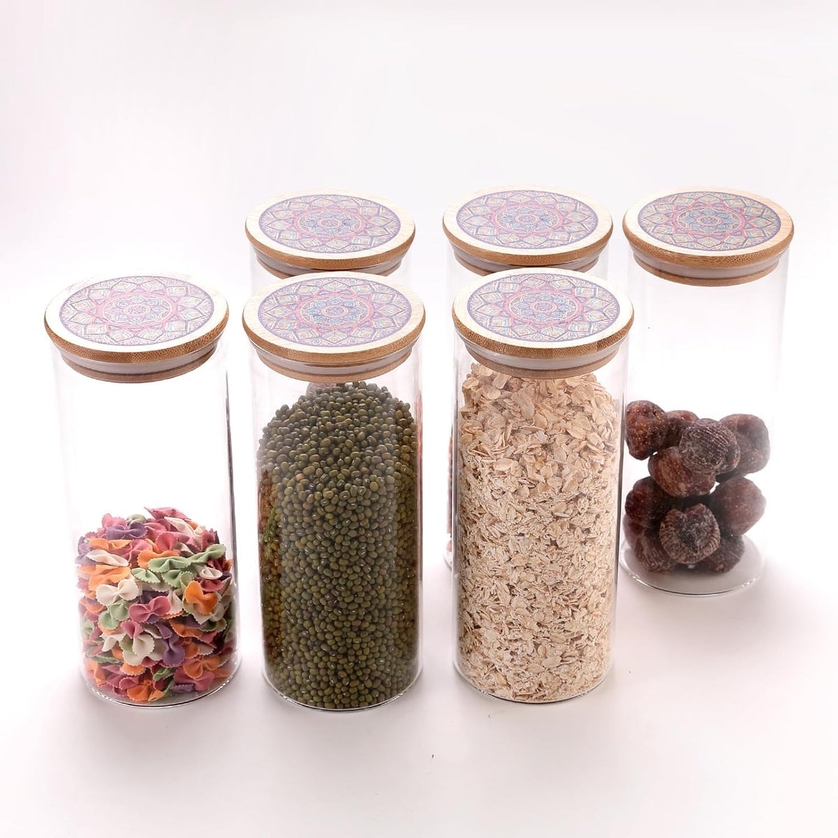 Urbane Home Borosilicate Glass Jar with Printed Bamboo Lid|Kitchen Organizer Items and Storage|Multi-utility, Leakproof, Airtight Storage Jar for Cookies,Snacks,Tea,Coffee,Sugar|Pack of 6(1000ml)