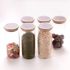 Urbane Home Borosilicate Glass Jar with Printed Bamboo Lid|Kitchen Organizer Items and Storage|Multi-utility, Leakproof, Airtight Storage Jar for Cookies,Snacks,Tea,Coffee,Sugar|Pack of 6(1000ml)