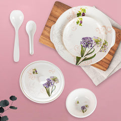 Kuber Industries 32 Pieces Round Melamine Microwave & Dishwasher Safe Dinnerware Kitchen Crockery Set | Glossy Dinner Sets & Kitchen Set for Home | Stylon Purple Floral - White