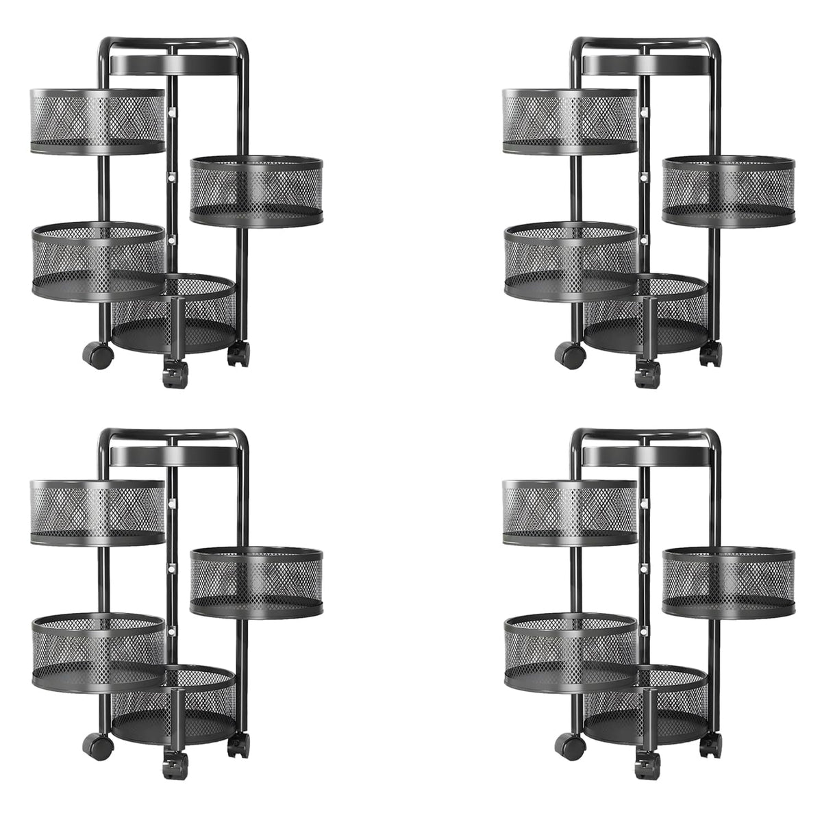 Kuber Industries 4-Layer Kitchen Trolley | 360° Rotating Storage Rack | Round Storage Rack with Wheels | Fruit and Vegetable Storage for Kitchen | Pack of 4 | (Black)