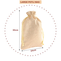 Heart Home Potli | Zari Wedding Potli | Drawstring Closure Potli | Wallet Potli | Christmas Gift Potli | Baby Shower Potli | Traditional Shagun Potli | 9x12 Inch | Large | Pack of 4 | Golden