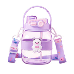 Kuber Industries Pack of 6 Kids Water Bottle With Straw |Cute Teddy Bear Sipper Water Bottle For Kids Boys Girls| Water Bottle with Locking Flip Lid | 1000 ML | Purple | SYZ-7728A