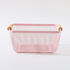 Heart Home Metal Mesh Basket for Storage with wooden handle | 280 gm | Fruit basket for kitchen | Kitchen Organizer | Baskets for organizing home & kitchen | Multipurpose | Pink