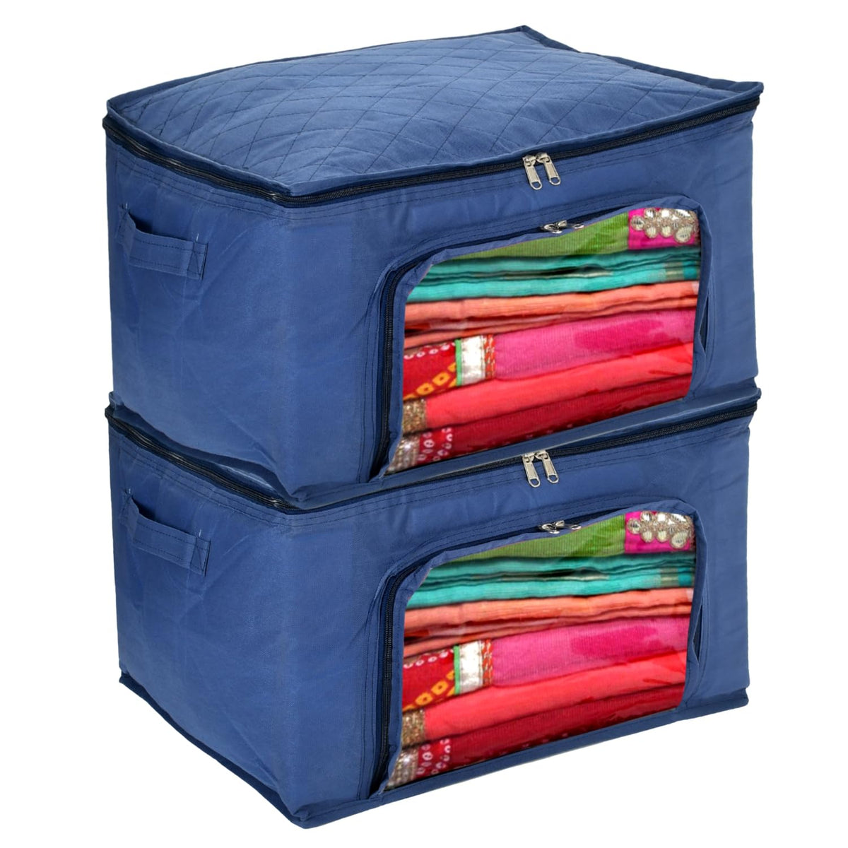 Heart Home Storage Bag | Zipper Closure Storage Bag | Clothes Organiser | Non-Woven Travel Storage Bag | Wardrobe Organizer with Transparent View | Pack of 2 | Blue