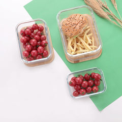 Heart Home Pack of 3 Borosilicate Kitchen Containers with Bamboo Lid | Glass Containers with lid | Airtight | 370ml 640ml 1060ml | kitchen accessories items| Multipurpose | Ratatouille Print