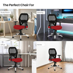Kuber Industries Ergonomic Office Chairs for Work From Home with Meshback | Comes with Manual Height Adjustable Armrest & Lumbar Support | Comfy Study Chair for Students with Wheels | Black & Red Seat