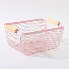 Urbane Home Metal Mesh Basket for storage with wooden handle | 360 gm | Fruit basket for kitchen | Kitchen Organizer | Baskets for organizing home & kitchen | Multipurpose | Pink