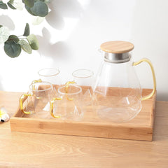 Urbane Home Borosilicate Glass Water Jug with Lid (1820ml), 4 Cups (320ml) & Bamboo Tray | Glass Jug for Water, Juice, Coffee, Iced Tea | Gift Items | Kitchen Accessories Items