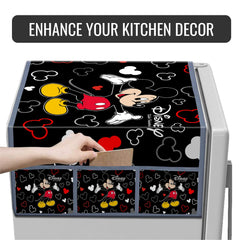 Kuber Industries Disney Mickey Fridge Top Cover | Fridge Cover with Pockets | Refrigerator Top Cover for Kitchen | Fridge Top Cover with 6 Utility Pockets | Polyester Fridge Cover | Black